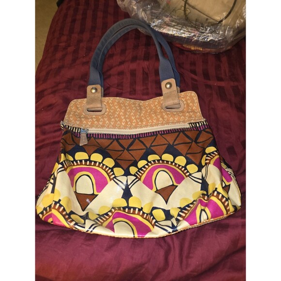 Fossil Key-Per Coated Canvas Hobo Tote Bold  Print Pattern Large Shoulder Bag - Picture 1 of 8
